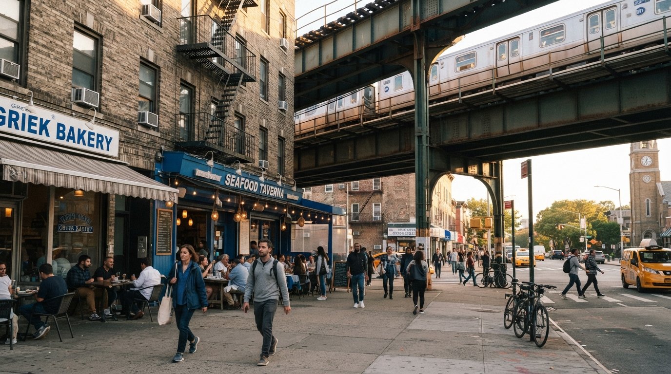 Ditmars Boulevard à Astoria près d'Astoria Park, boulangerie grecque et tavernes de fruits de mer sous des immeubles d'habitation avec le train surélevé au-dessus en fin d'après-midi