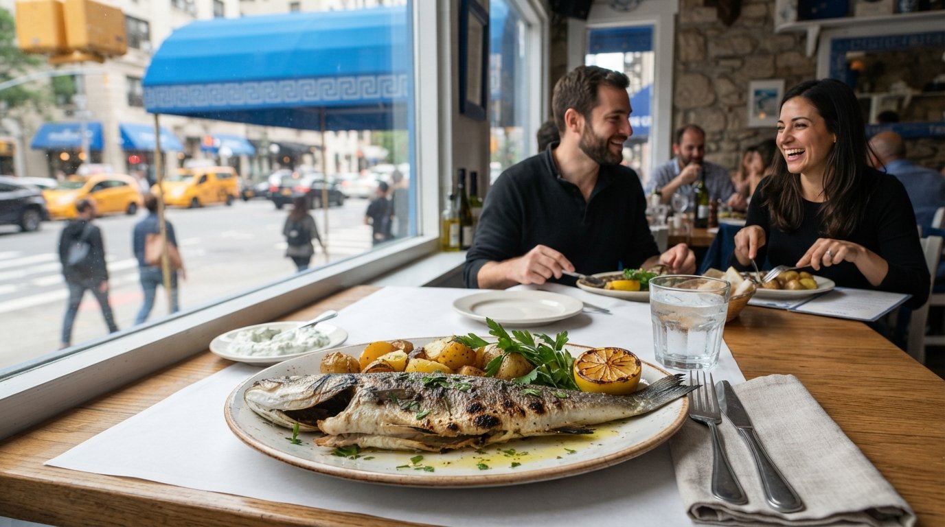 un bar entier grillé au charbon de bois et des pommes de terre au citron à la Taverna Kyclades, auvent bleu visible à l'extérieur par la fenêtre