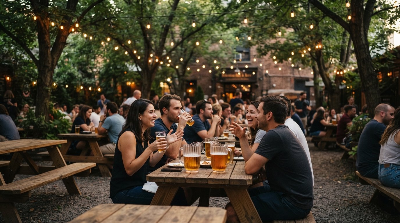 La cour ombragée du Bohemian Hall & Beer Garden un soir doux, cruches de lager tchèque sur des tables en bois et guirlandes lumineuses au-dessus