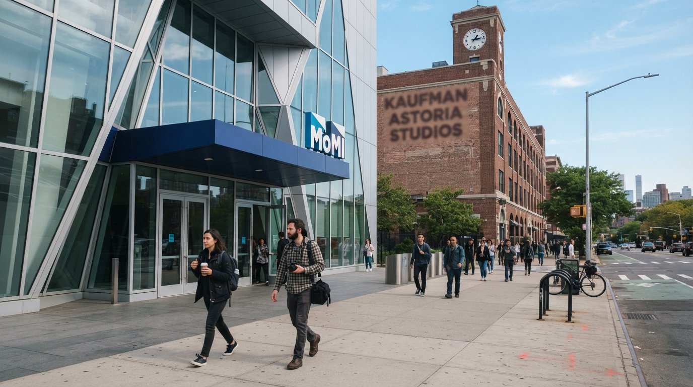 l'entrée du Museum of the Moving Image sur la 35e Avenue, façade moderne du musée contre le bâtiment historique des Kaufman Astoria Studios en plein jour