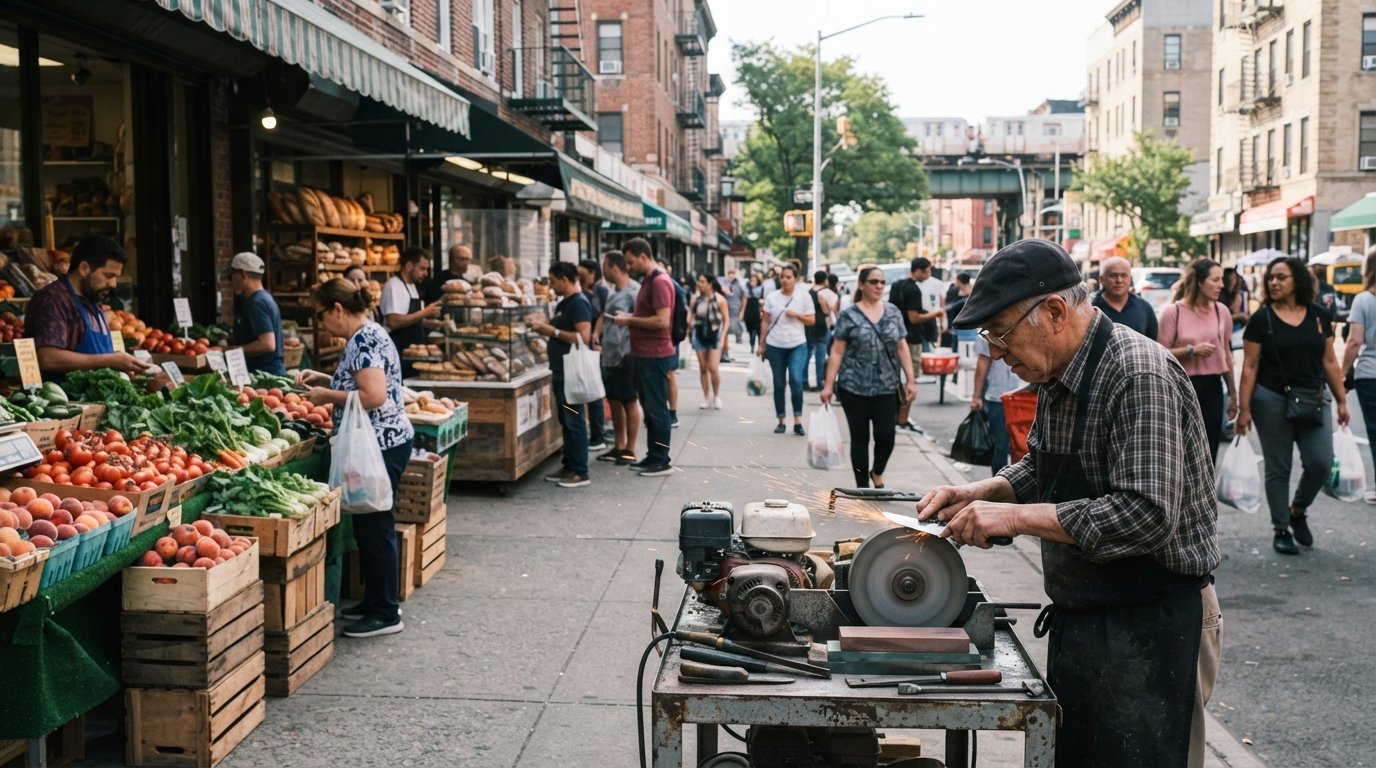 le marché communautaire d'Astoria sur 31st Avenue avec des étals de produits locaux, des boulangers artisanaux et un aiguiseur de couteaux au travail un dimanche matin