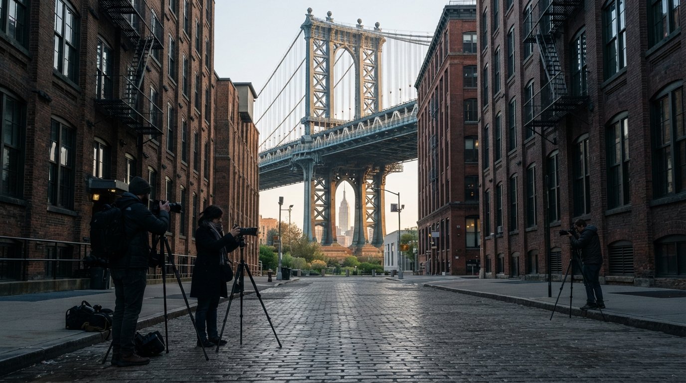 Washington Street and Water Street in DUMBO at early morning, the Manhattan Bridge perfectly framed between brick warehouses with the Empire State Building visible in the gap and a few tripod photographers in the foreground