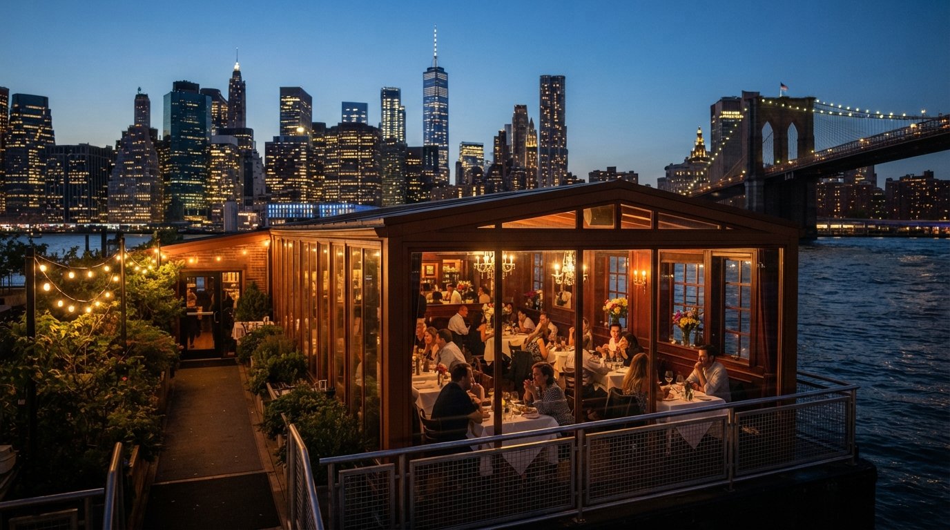 The River Cafe at dusk on a barge at 1 Water Street, warm dining-room lights glowing against the Manhattan skyline through the windows
