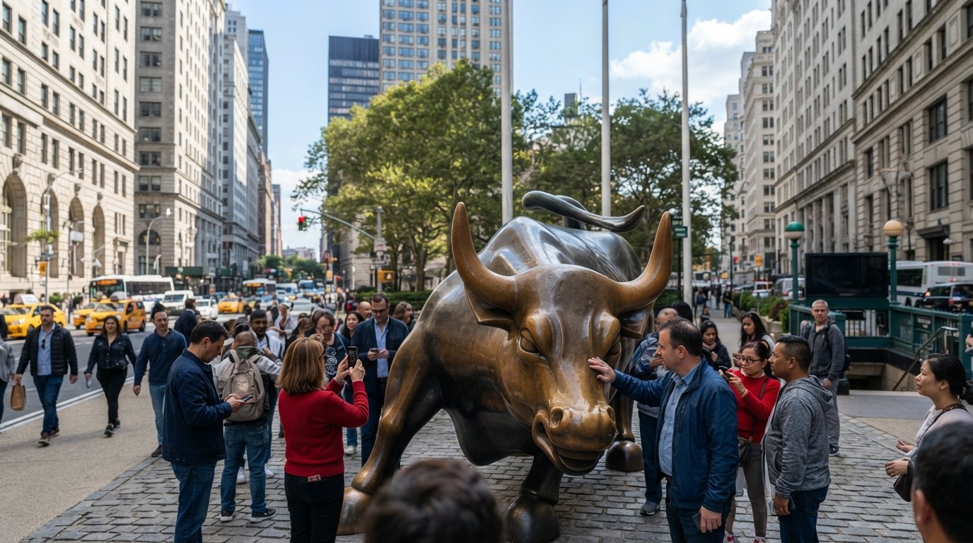 the bronze Charging Bull near Bowling Green on a bright Lower Manhattan morning, tourists clustered around its head and shoulders with the street canyon of FiDi behind it