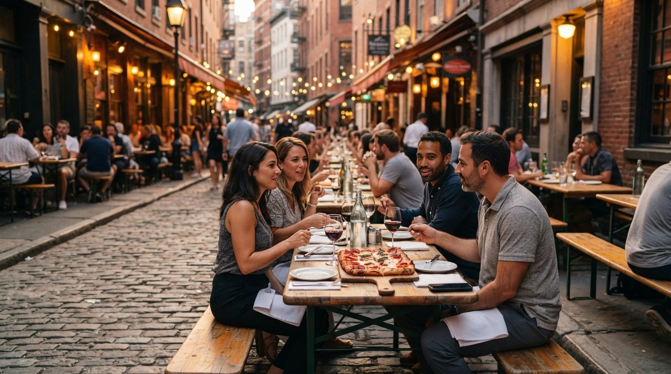Adrienne’s Pizza Bar on cobbled Stone Street with long wooden benches set out for outdoor dining, a rectangular square pie on the table and warm evening light on the lane