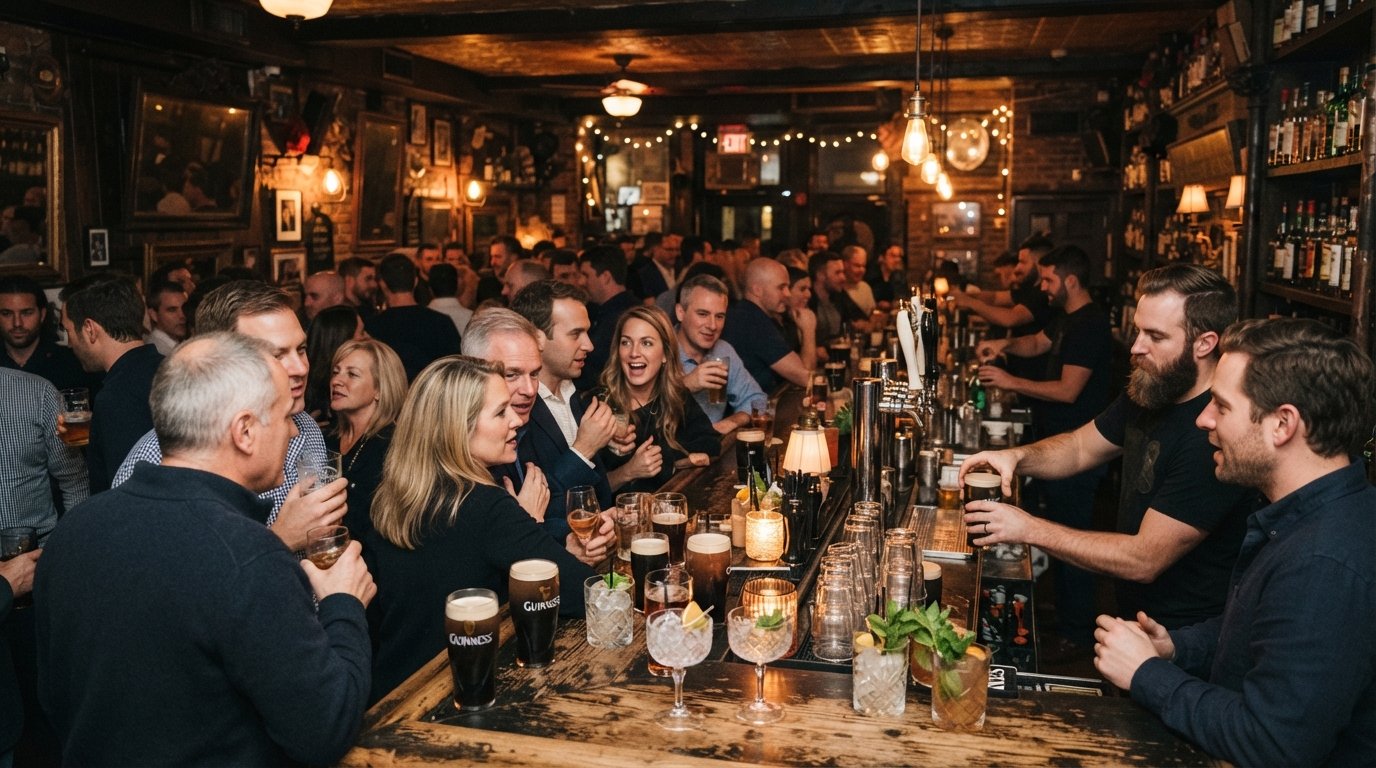 the ground-floor taproom at The Dead Rabbit on Water Street, crowded wooden bar, warm lamps, pints and cocktail glasses catching the light in a busy evening scene