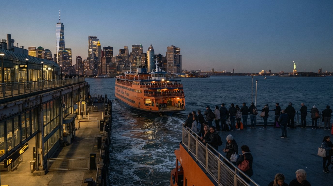 the Staten Island Ferry pulling away from Whitehall Terminal at dusk, Lower Manhattan skyline behind it and the Statue of Liberty visible across the water