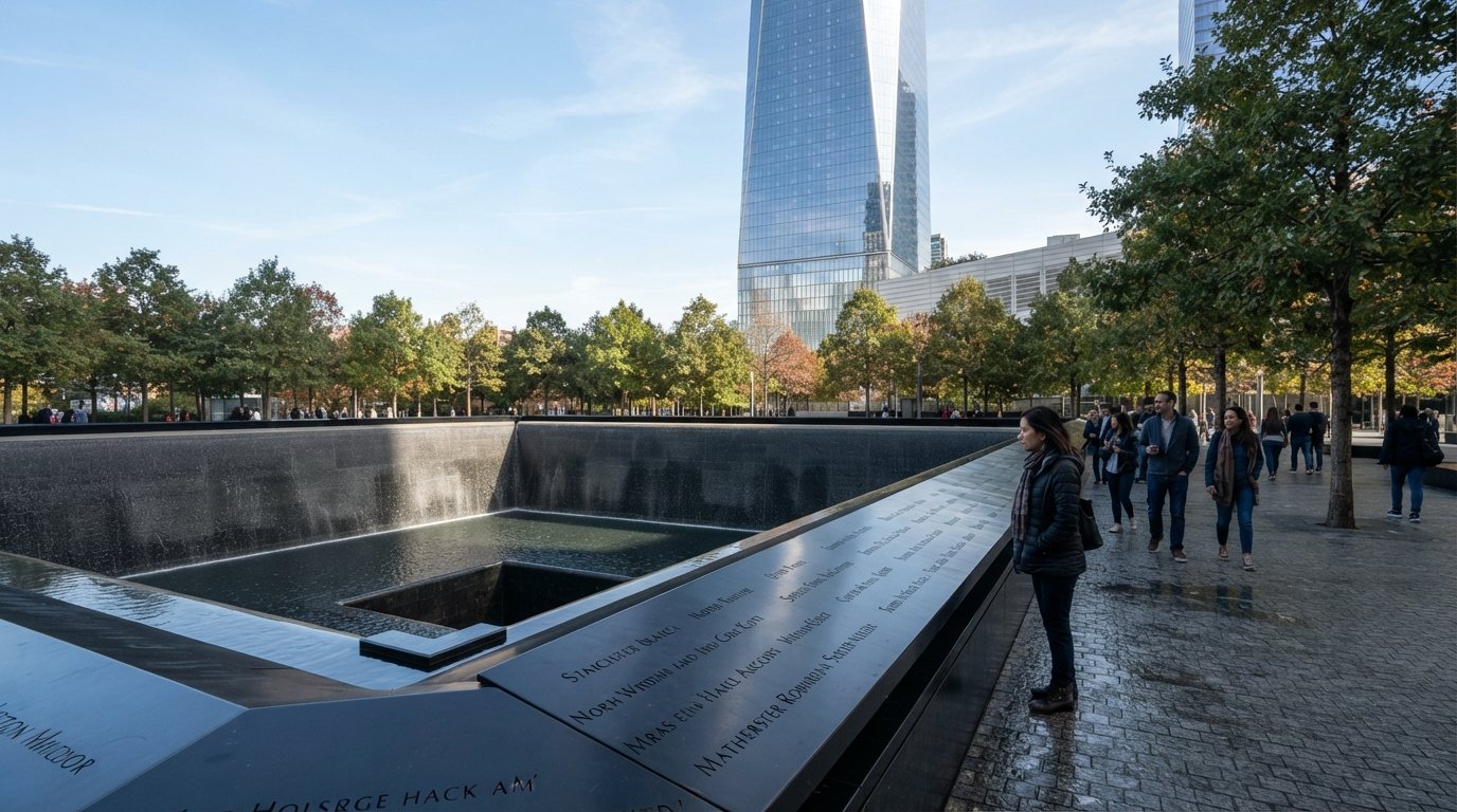 the 9/11 Memorial reflecting pools with the names etched around the edges, One World Trade Center rising behind them under a clear Lower Manhattan sky