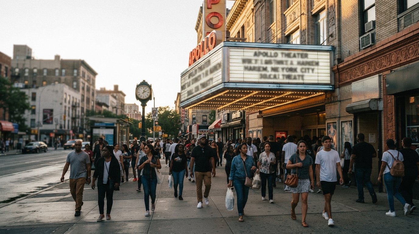 the Apollo Theater marquee on West 125th Street, a busy Harlem sidewalk below and the historic facade catching late-afternoon light