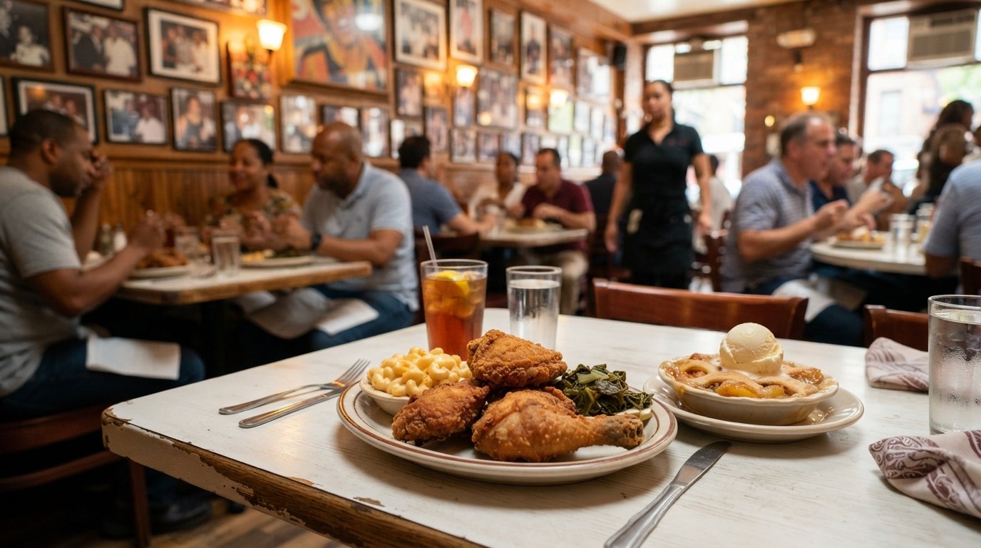 a plate of Sylvia’s fried chicken and peach cobbler on a white table, with the dining room’s warm bustle and framed photos softly out of focus