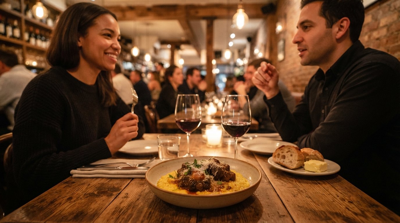 a warmly lit table at Vinatería with oxtail ragù and saffron risotto, wine glasses catching the glow of the room