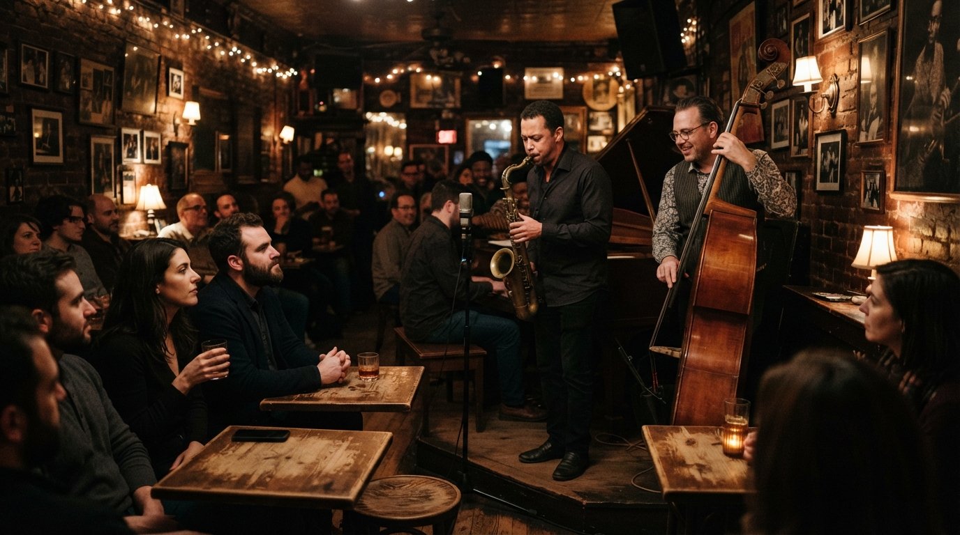 the intimate brownstone interior of Bill’s Place with a tiny jazz audience, musicians set up close to the front room and low, warm lamplight