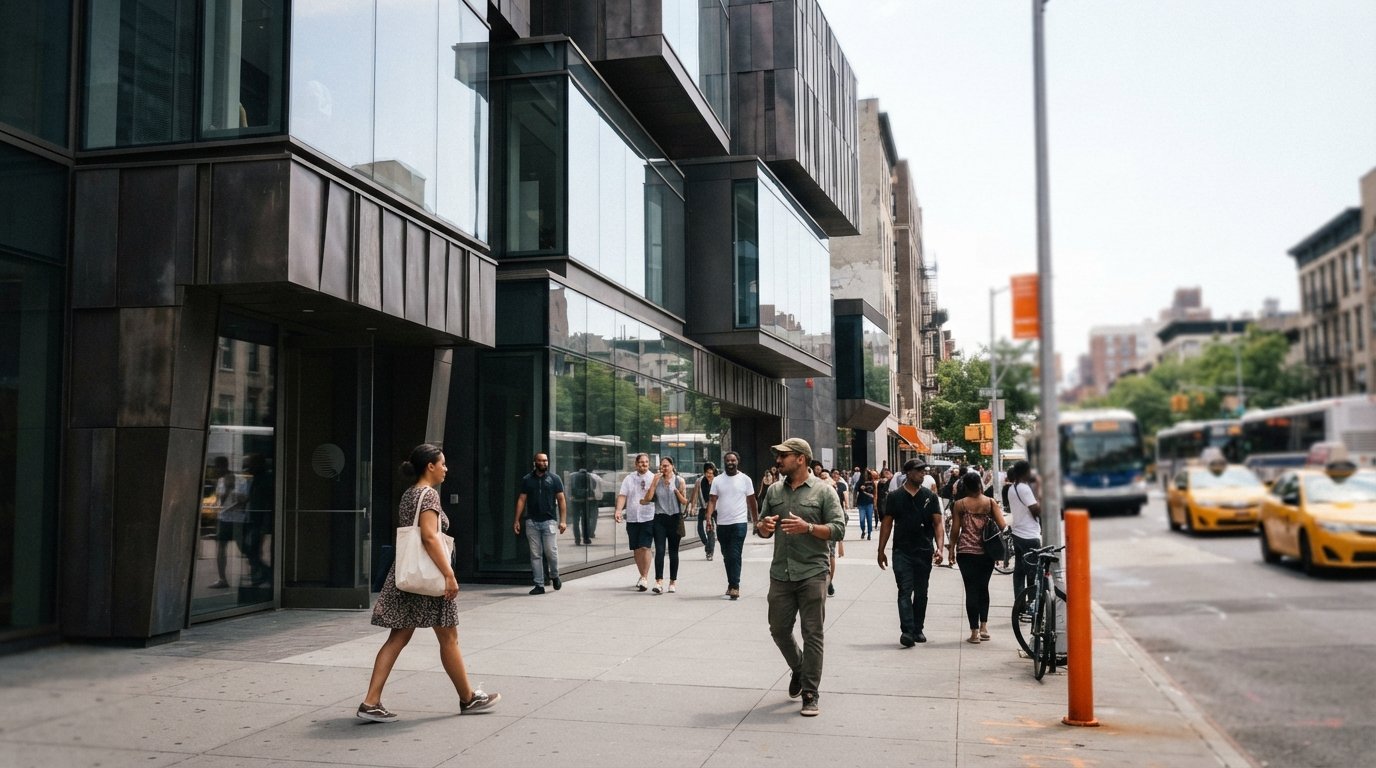 the new Studio Museum in Harlem on West 125th Street, contemporary facade lines against the street and pedestrians passing in midday light