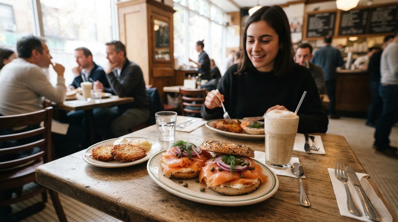 a lox-and-bagels spread at Russ & Daughters café on Orchard Street, smoked fish glistening beside latkes and an egg cream in soft daylight
