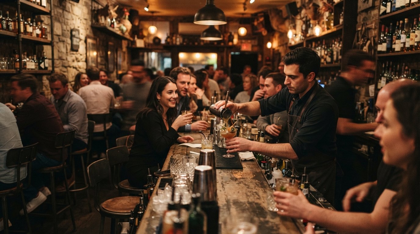 the front room at Double Chicken Please on Allen Street, crowded bar stools and a bartender pouring a food-inspired cocktail under low amber light