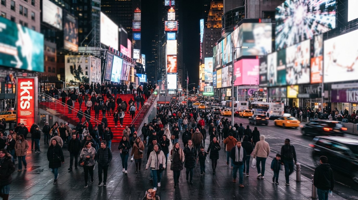 Times Square at night with animated billboards, dense crowds, and the red TKTS steps glowing in Father Duffy Square