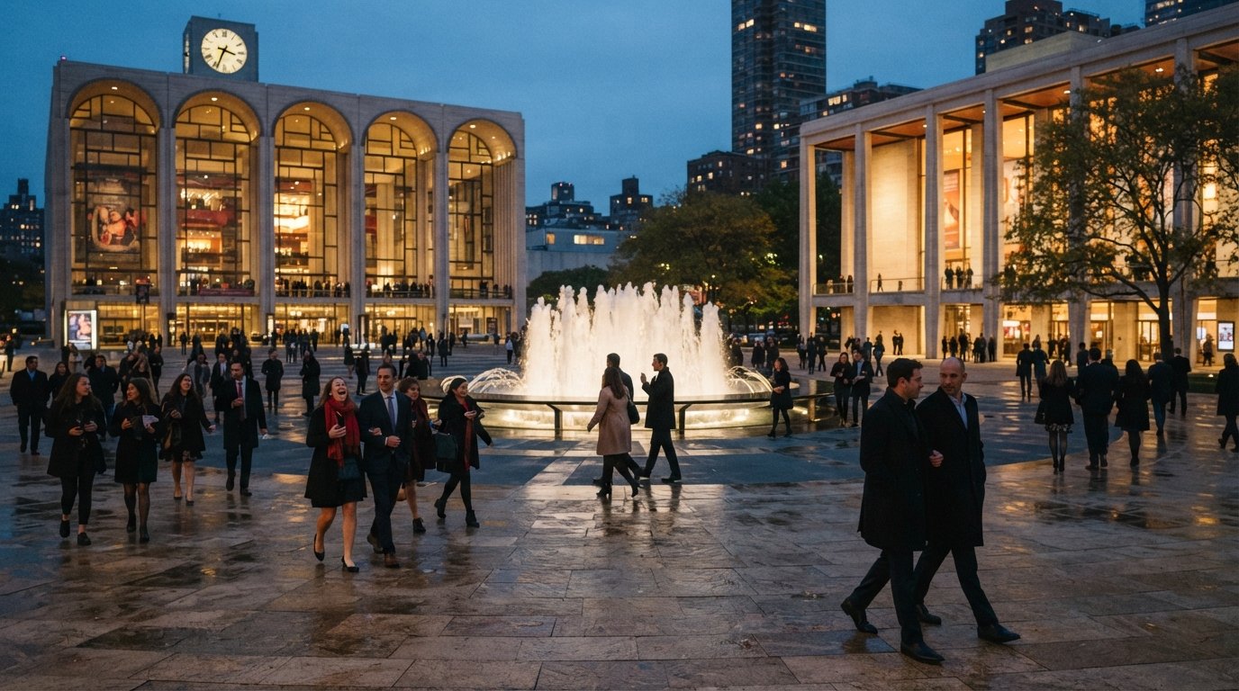 Lincoln Centers travertinplass og sentrale fontene i skumringen, med konsertgjengere som krysser mellom Met Opera og David Geffen Hall