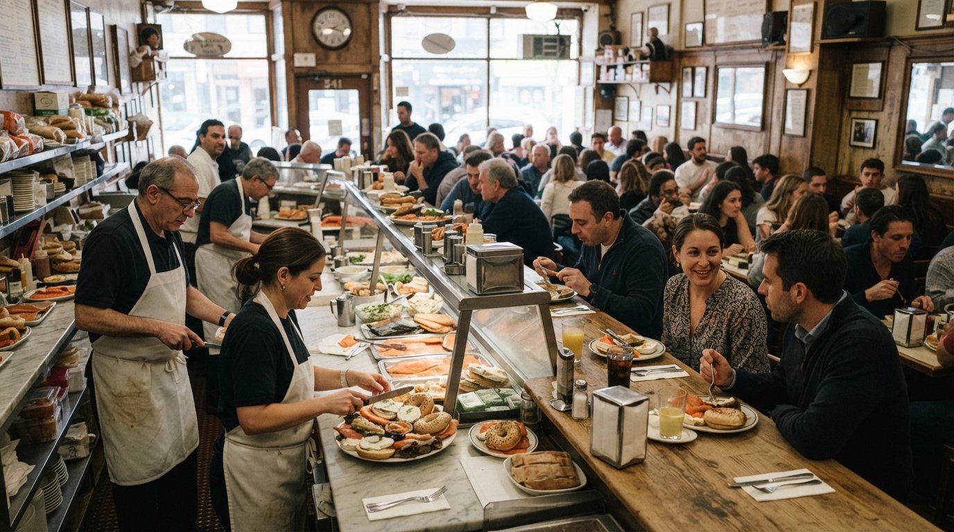 disken og den stappfulle spisesalen på Barney Greengrass på Amsterdam, med røkefiskfat og søndagsbrunch-energi