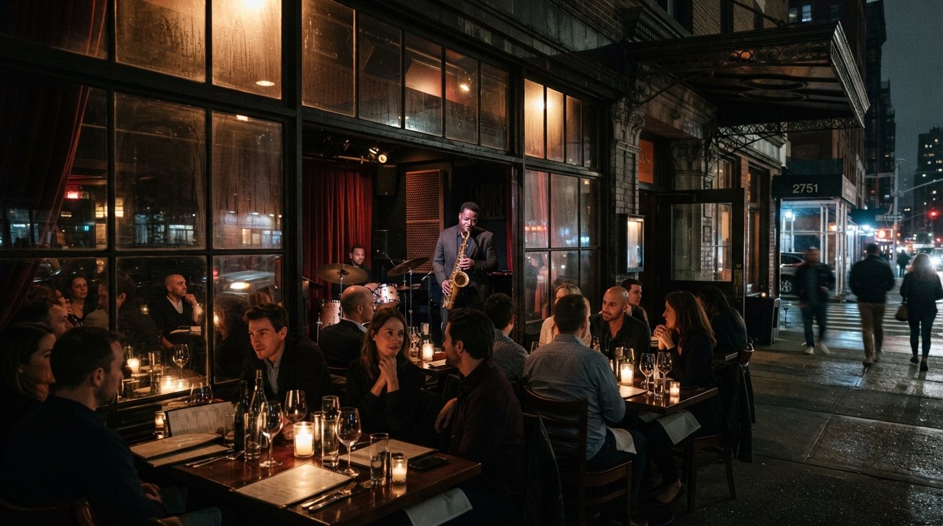 Smoke Jazz & Supper Club på Broadway om natten, levende opplyste bord som lyser gjennom vinduet med en saksofonist på scenen