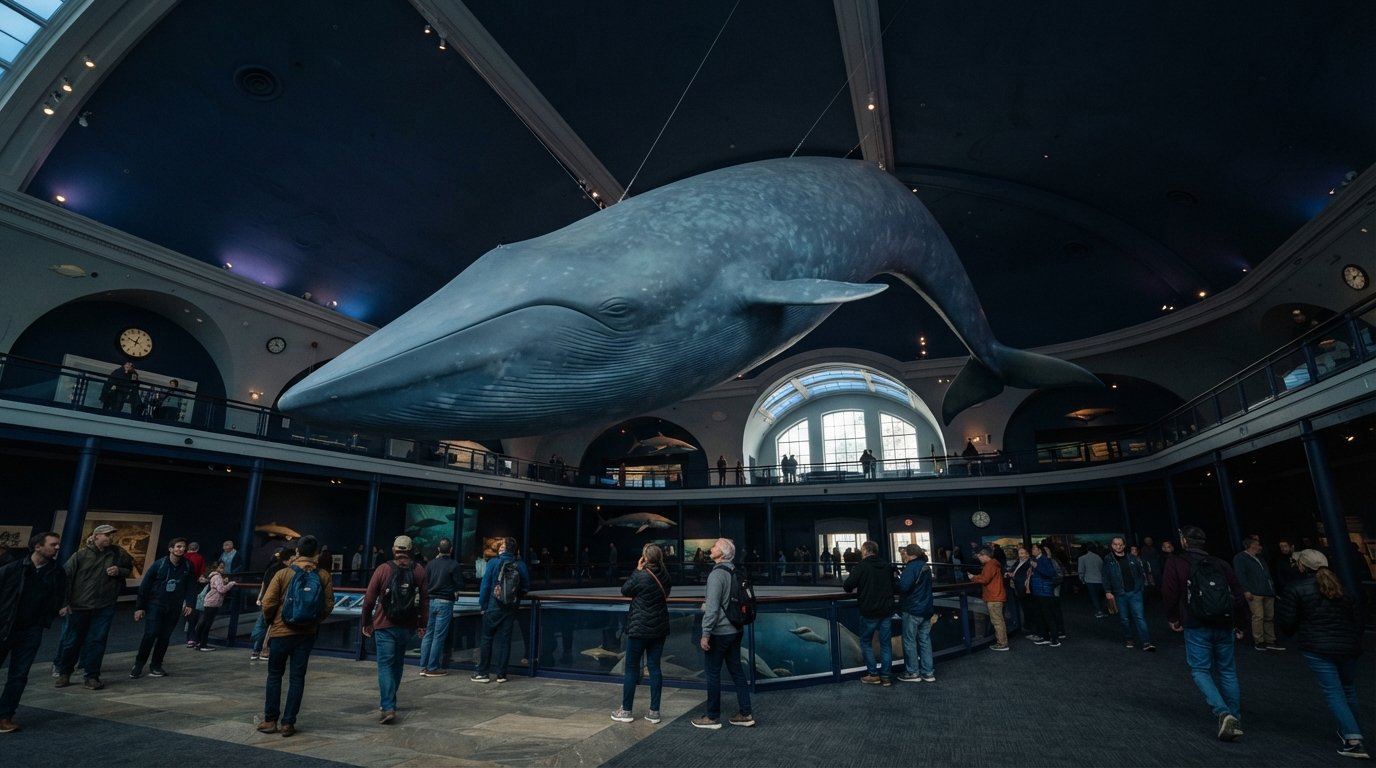 blåhvalen hengende i Milstein Hall of Ocean Life på American Museum of Natural History, sett nedenfra