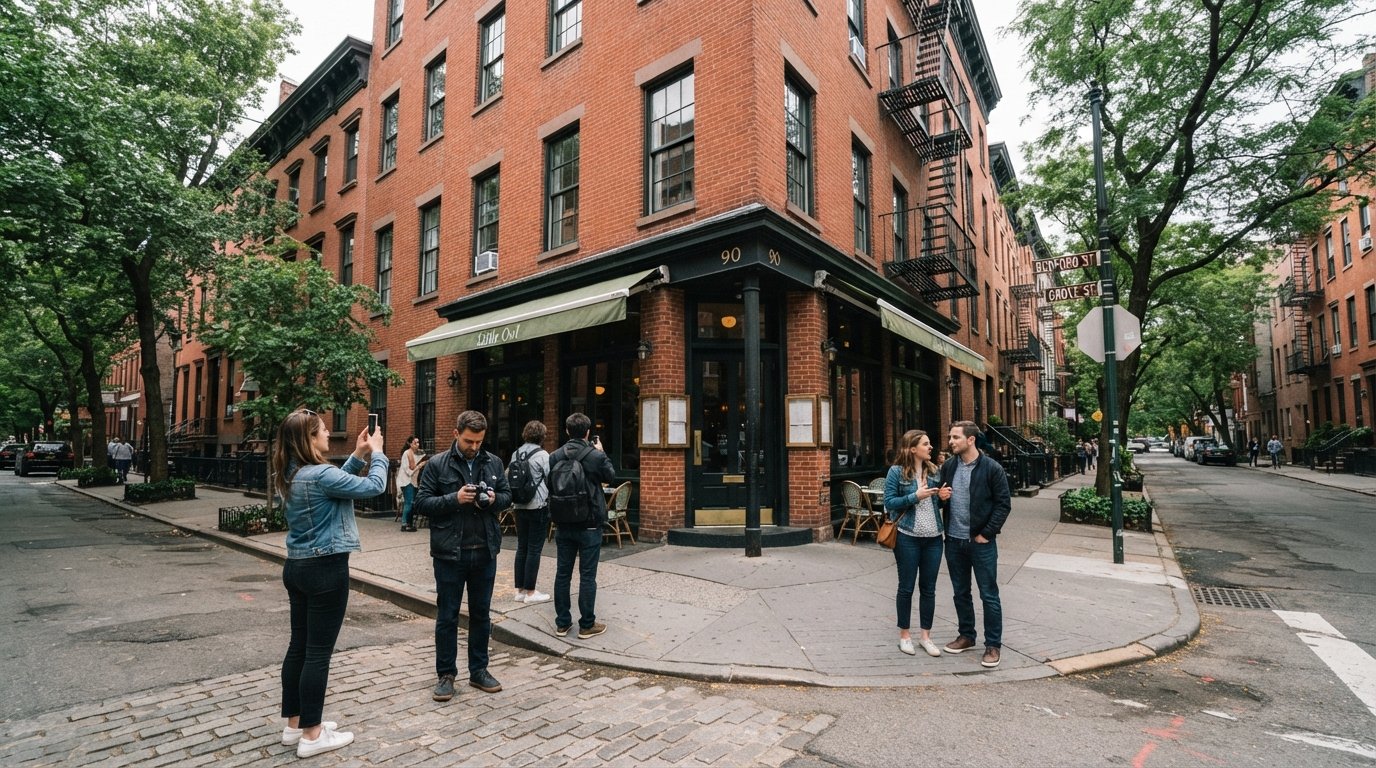 90 Bedford Street op de hoek van Bedford en Grove in de West Village, rood-bakstenen gevel met Little Owl op de begane grond en een kleine menigte die zich bij daglicht verzamelt voor foto's