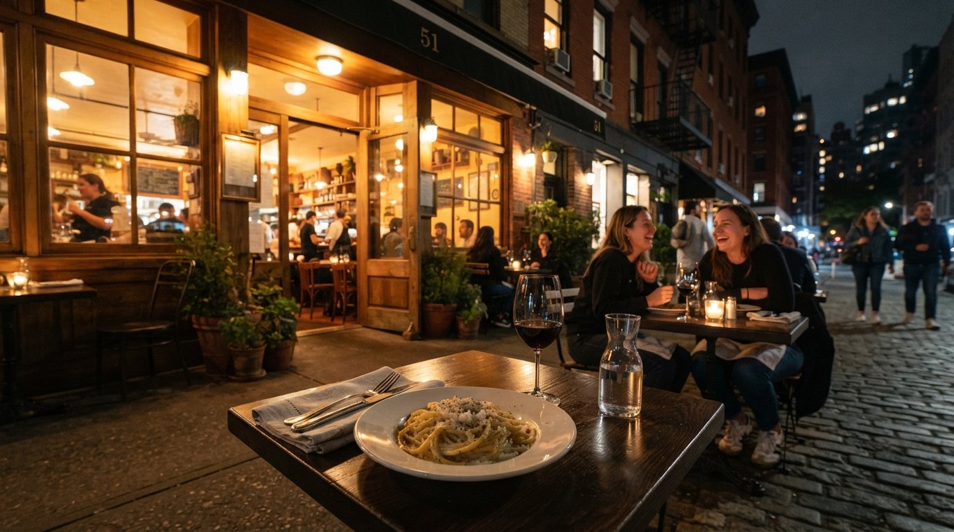 Via Carota aan Grove Street, intieme trattoria- eetkamer, gloed die de stoep op valt, een bord tonnarelli cacio e pepe op de voorgrond
