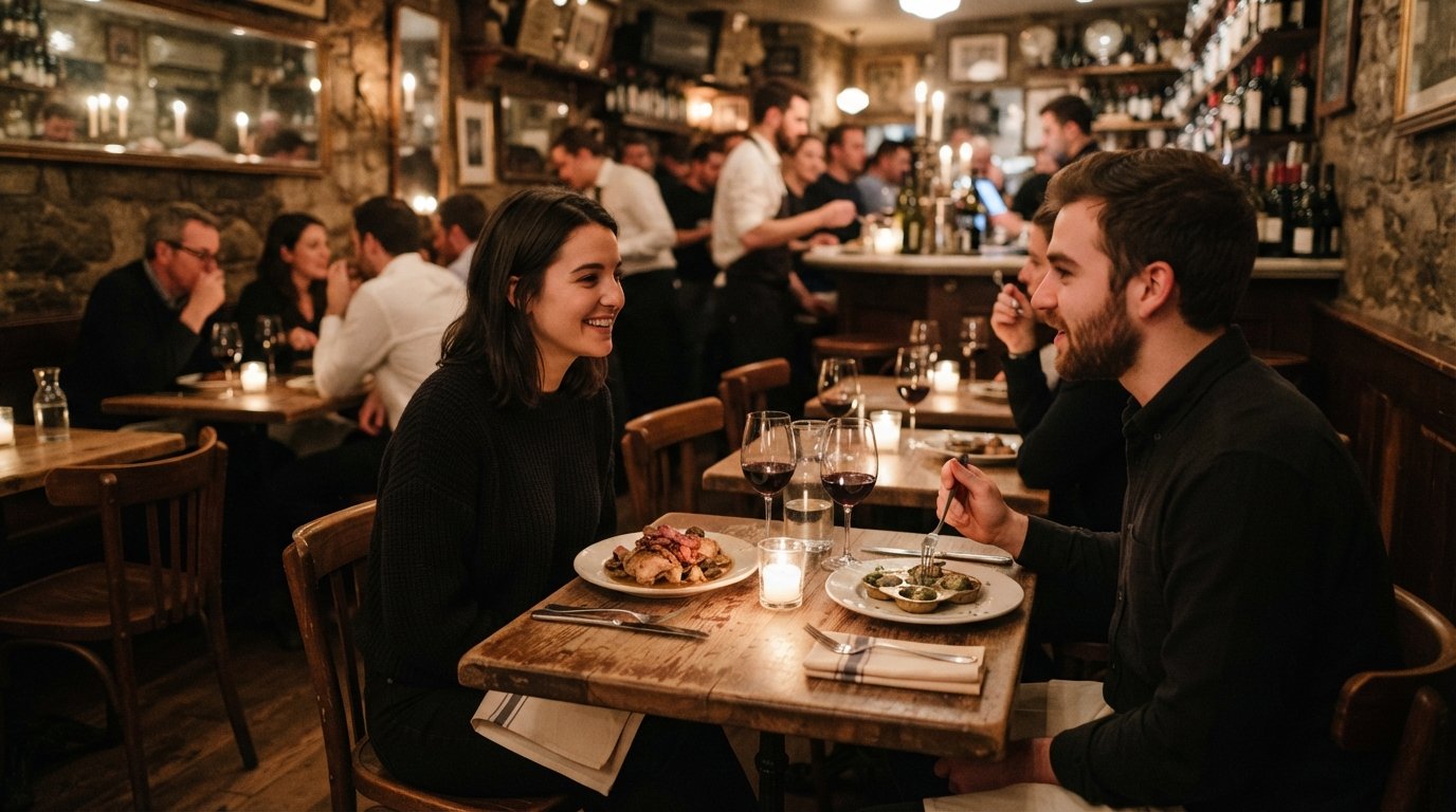 het kaarsverlichte interieur van Buvette aan Grove, kleine Franse bistrotafels dicht op elkaar met coq au vin en escargots op tafel
