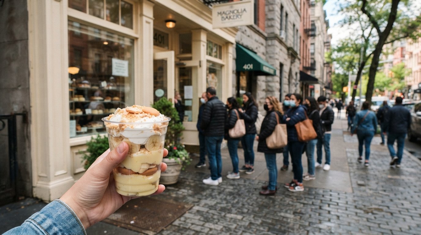 Magnolia Bakery op 401 Bleecker, een rij buiten de originele bakkerij en een close-up van bananenpudding in een helder bekertje