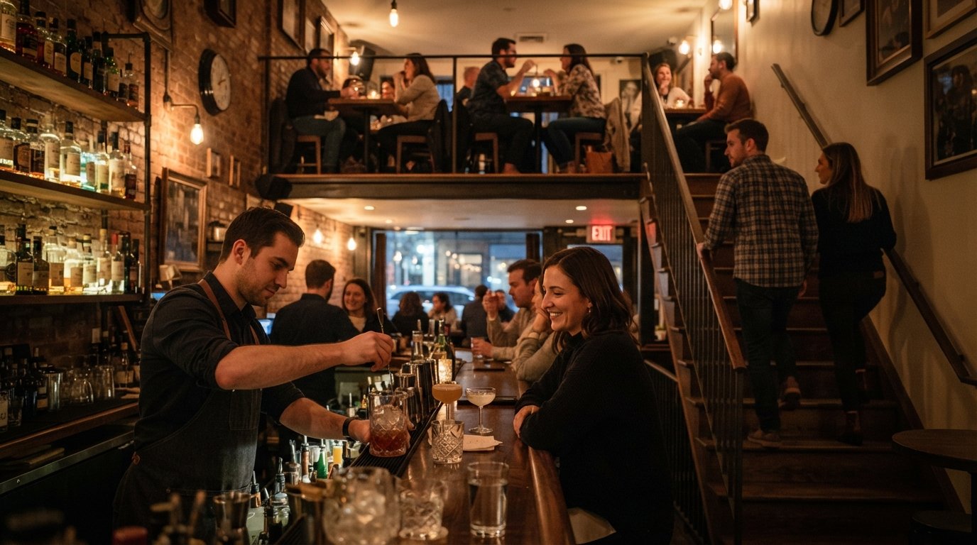 Sip & Guzzle aan Cornelia Street, tweelaagse barsfeer met een precieze cocktail beneden en wagyuvet-popcorn boven onder warm avondlicht