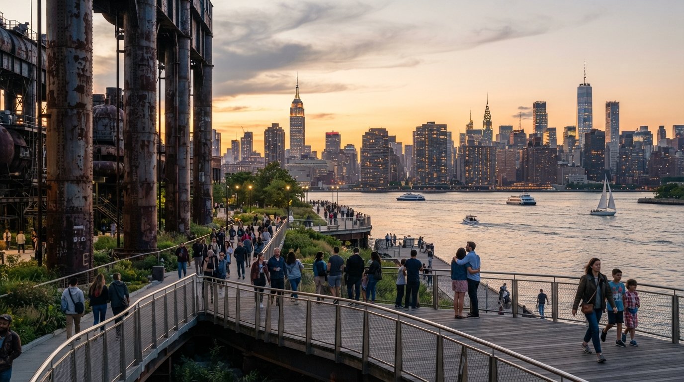 Domino Park at sunset on the East River, the Manhattan skyline across the water, the elevated walkway and salvaged refinery columns in the foreground