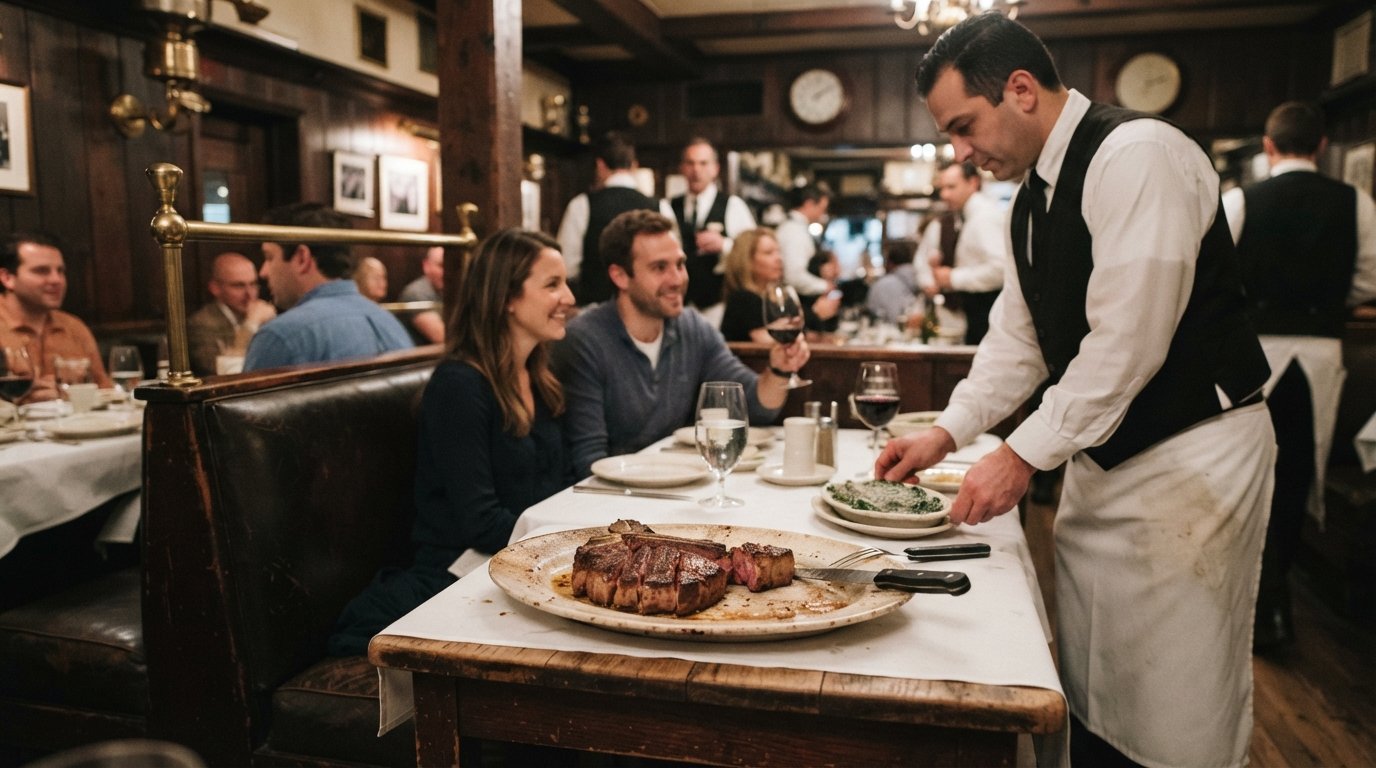 the wood-paneled dining room at Peter Luger Steak House, a porterhouse on a serving plate under warm light, old-school service and dark booths