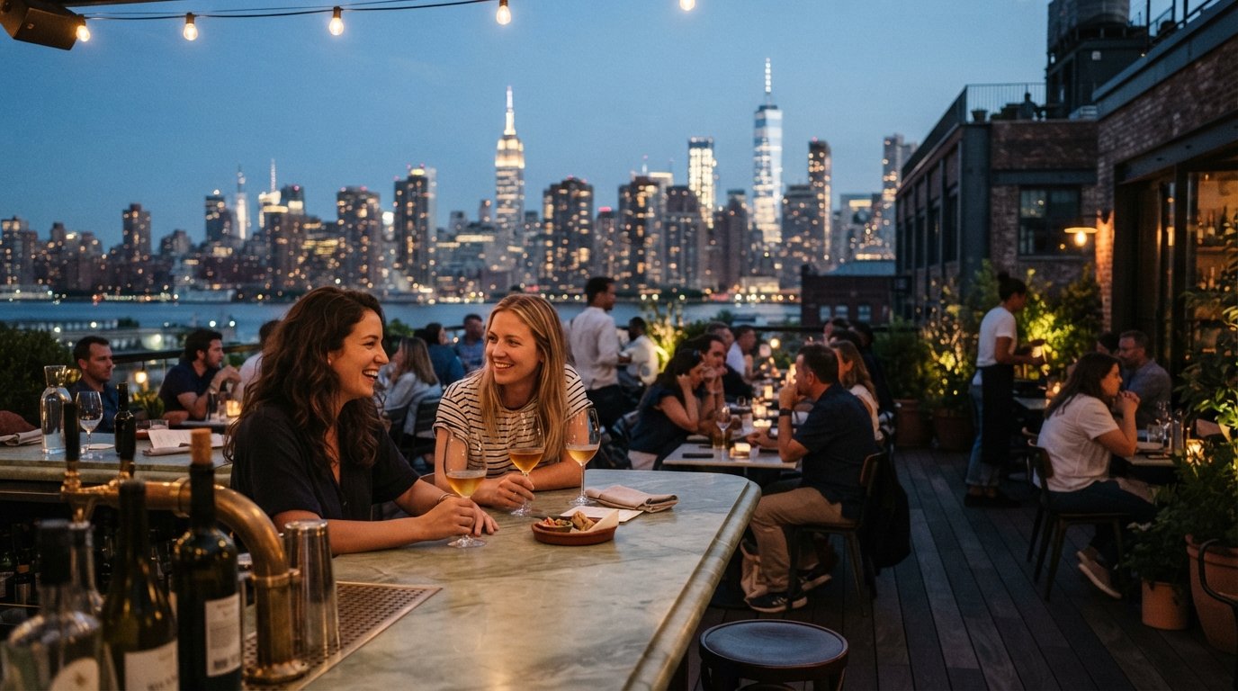 the rooftop terrace at Bar Blondeau at the Wythe Hotel, pale-green marble, natural-wine glasses, and the Manhattan skyline at dusk