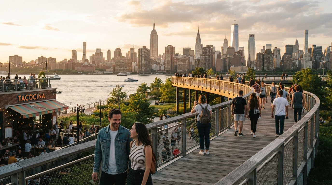 visitors on the elevated walkway above Tacocina in Domino Park at golden hour, the East River and Manhattan skyline beyond